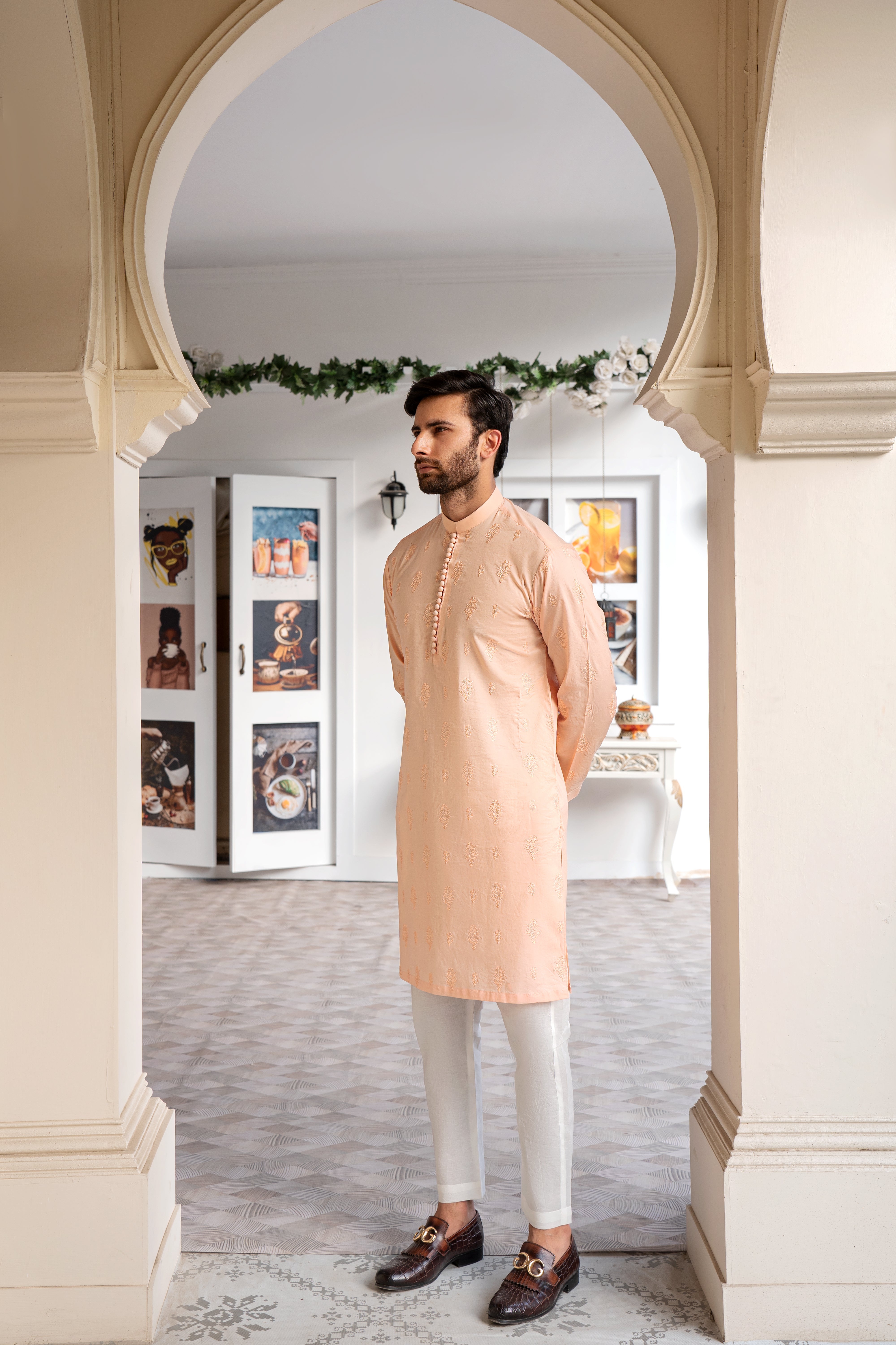 EMBROIDERED-PEACH ROSE KURTA PAJAMA