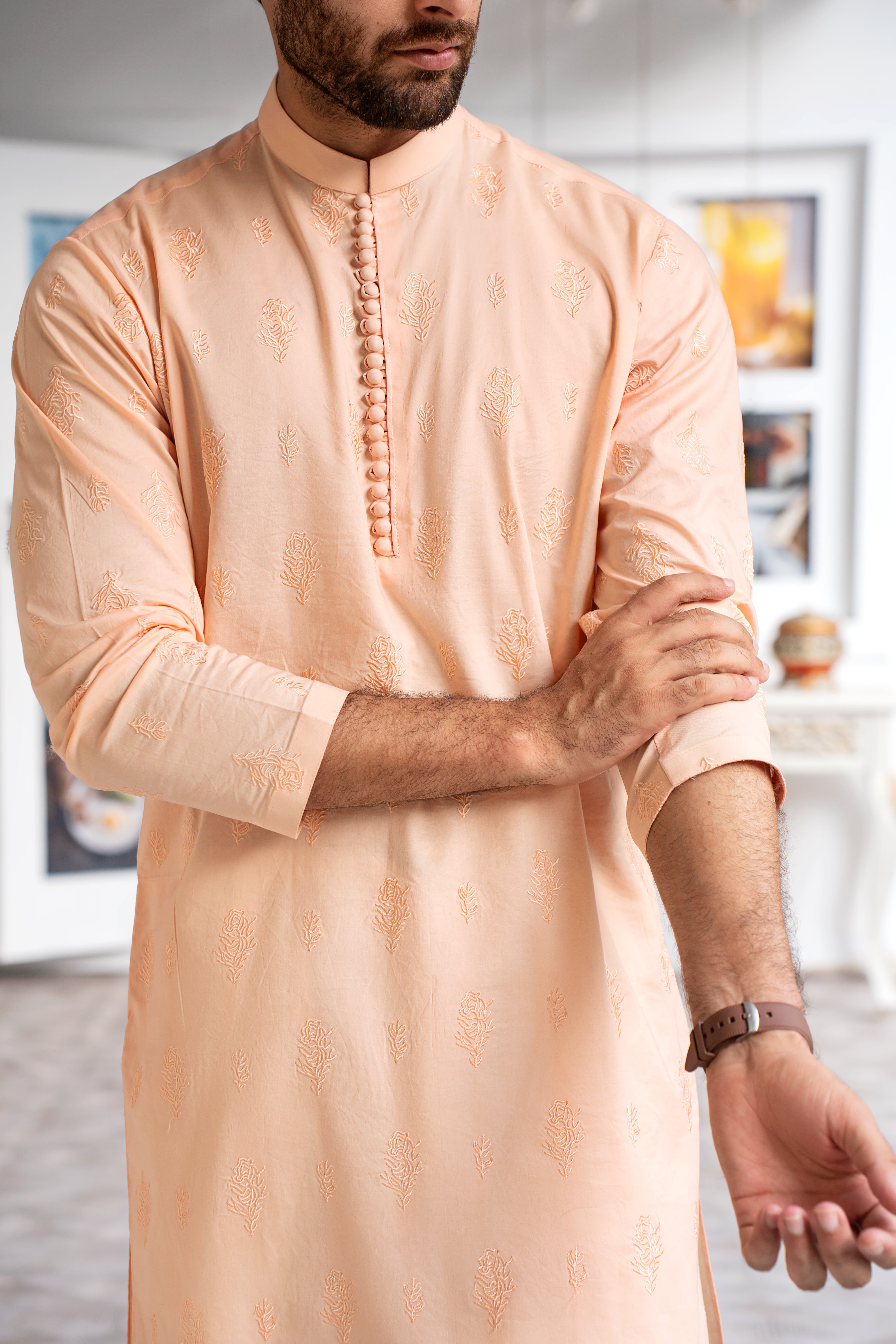 EMBROIDERED-PEACH ROSE KURTA PAJAMA